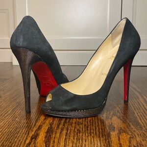 Christian Louboutin Very Prive Black Suede Peep Toe with Iridescent Detail